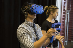 A student wears a VR headset